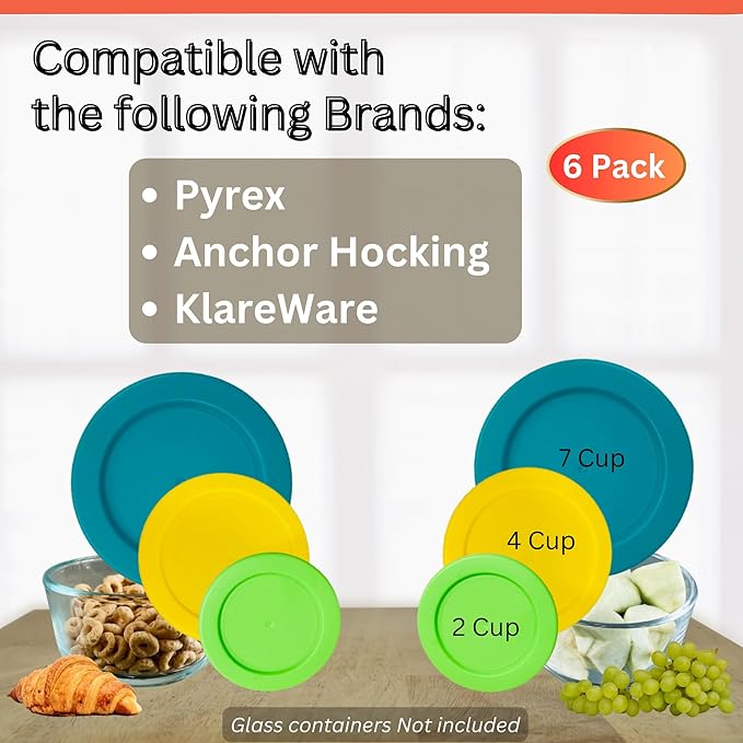2, 4 & 7 Cup Spring Green, Yellow, Turquoise Replacement Lids/Covers for Pyrex, Anchor Hocking & KlareWare Storage Bowls *Lids Only Glass Container Not Included* (6 Pack *Two of Each Size*)