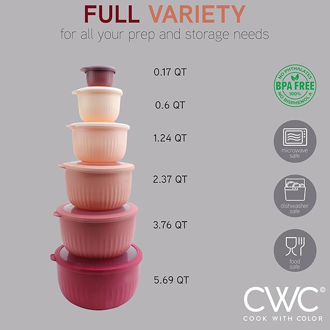 COOK WITH COLOR Prep Bowls with Lids- Wide and Deep Nesting Plastic Small Mixing Bowl Set with Lids, 12 Piece Set - Deep Bowls, Rose