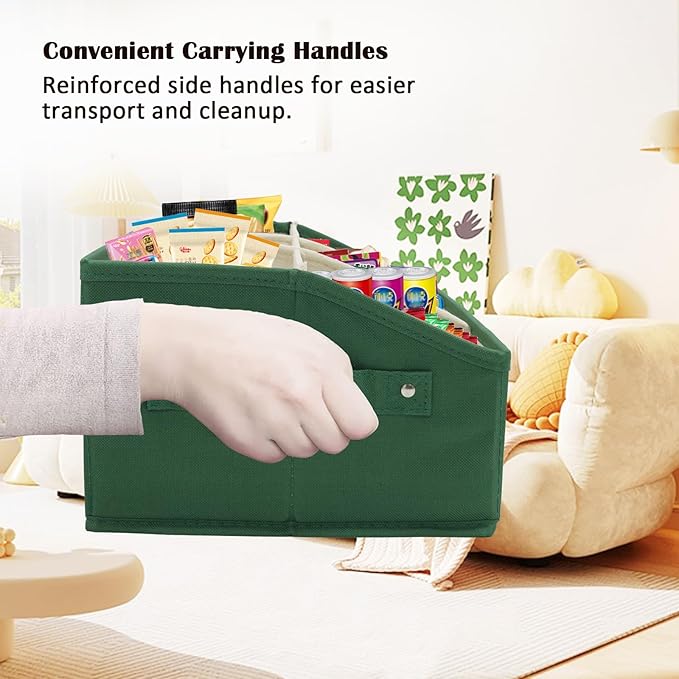 Snack Organizer for Countertop, Fabric Snack Bar Station with Handles, 6 Compartment Container, Kitchen Pantry Storage and Organizer, Green