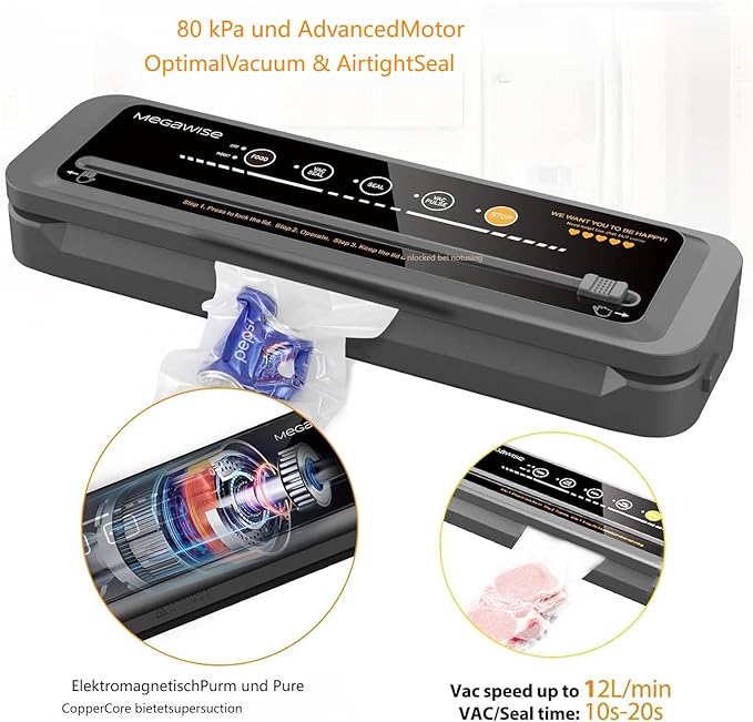 MegaWise Vacuum Sealer Machine | 80kPa Suction Power| Bags and Cutter Included | Compact One-Touch Automatic Food Sealer with External Vacuum System | Dry Moist Fresh Modes for All Saving needs