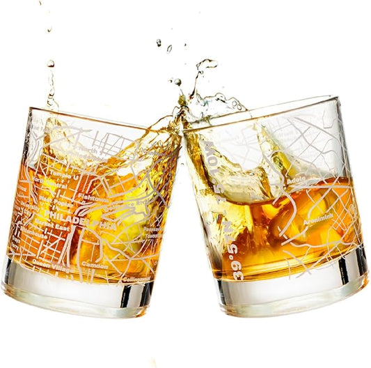 Greenline Goods Whiskey Glasses - 10 Oz Tumbler Gift Set for Philadelphia lovers, Etched with Philadelphia Map | Old Fashioned Rocks Glass - Set of 2
