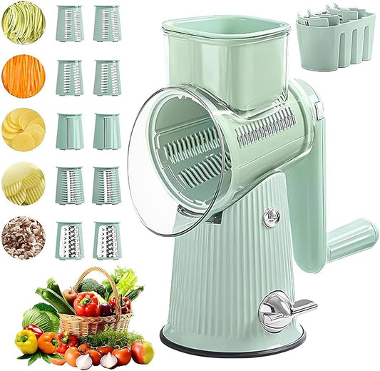 5 in 1 Rotary Cheese Grater, Cheese Shredder Hand Crank with Replaceable 10 Blades, Kitchen Strong Suction Base Salad Maker Cheese Slicers for Fruits and Vegetables