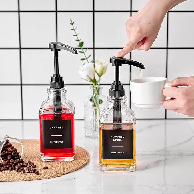 Coffee Syrup Dispenser for Coffee Bar, Glass Syrup Dispenser with Pump, Coffee Syrup Pump Dispenser Bottle with Tray, Spoon for Coffee Station, Coffee Bar Organizer, Black,16.9 oz, 500 ml