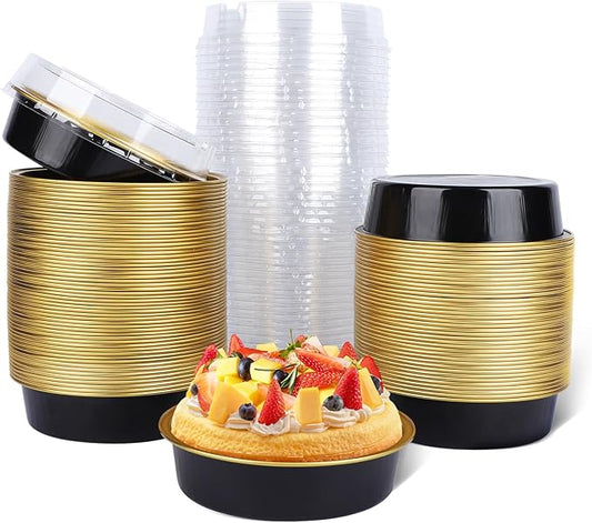 Beasea Disposable Creme Brulee Ramekins with Lids, 120 Pack 4 Inch 8oz Mini Pie Tins Black Gold Mini Small Aluminum Foil Pie Tart Cake Baking Pans Individual Round Containers Oven Safe for Baking