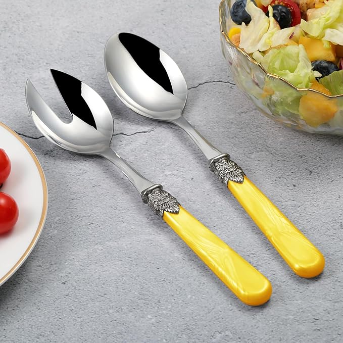 2-piece Salad Servers Stainless Steel Salad Serving Set Salad Fork and Spoon (Yellow)