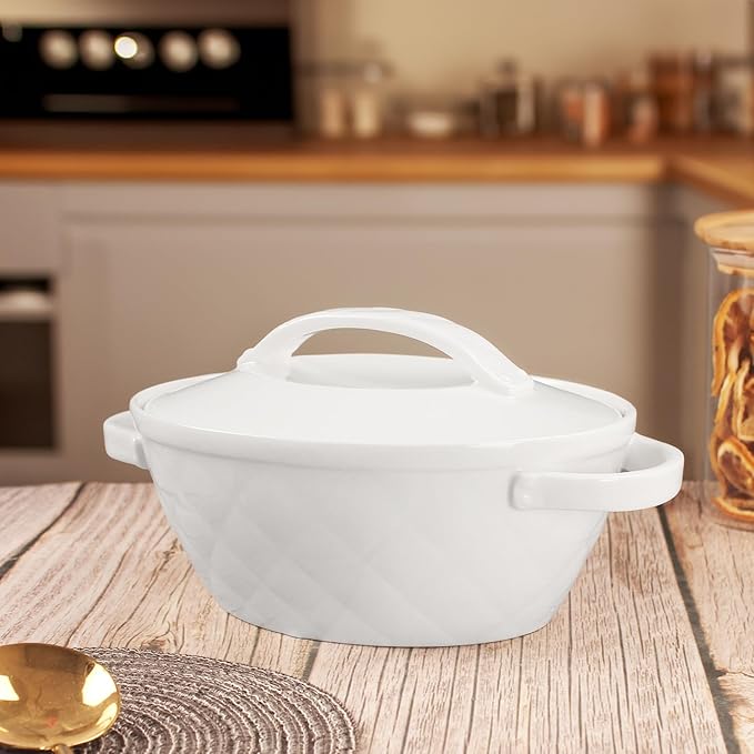 Oval Casserole Dish 23.7 oz, French Onion Soup Ceramic French Serving Soup Tureen Set, Set of 2 Ceramic Mini Cocotte Set, Baking Dish with Lids and Handles, Microwave Dishwasher Oven Safe