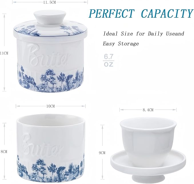 Butter Crock with Lid, French Butter Dish with Water Line for Countertop, Ceramic Butter Keeper for Spreadable Butter, Container Holder for Kitchen and Home Decor, 6.7 OZ, Forest Blue