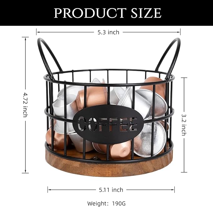 Coffee Pods Holder for Countertop, K Cup Holder Organizer, Sturdy Kcup Storage Basket with Wooden Base , Pod Container For Kitchen Bar Counter Office Desktop (Black)