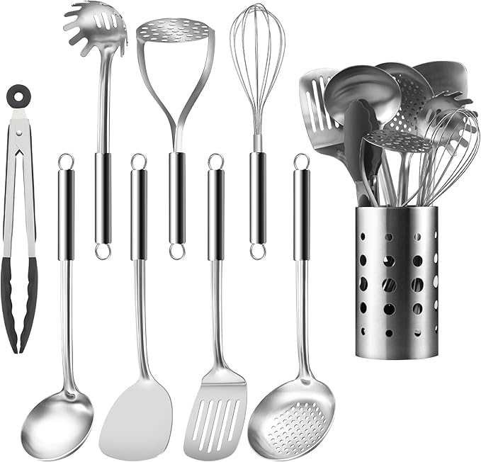 Pleafind Stainless Steel Cooking Utensils Set, 9 Pcs Heat Resistant Kitchen Utensils Set, Nonstick Kitchen Tools Set With Utensil Holder, Metal Spatula Set for Chef, Dishwasher Safe