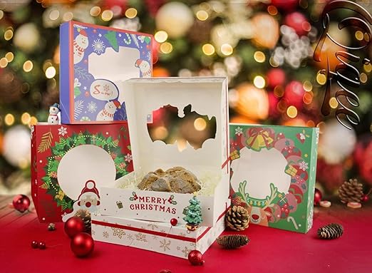 qiqee New Christmas Pie Boxes with Window 10x10x2.5 inch 30Packs Cookie Donut Bakery Box