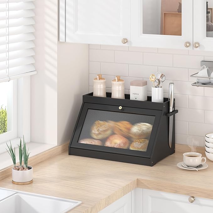 Bamboo Bread Box with Shelf for Kitchen Counter-Large Capacity Bread Storage Container with Wavy Arcylic Transparent Door Bamboo Wooden Farmhouse Bread Box for Your House (Black)