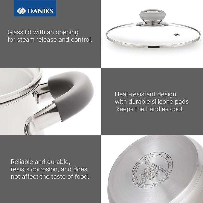 Daniks Modern 10-Piece Stainless Steel Induction Cookware Set – Dishwasher Safe Saucepan, Pots with Heatproof Handles, Glass Lids, Silver