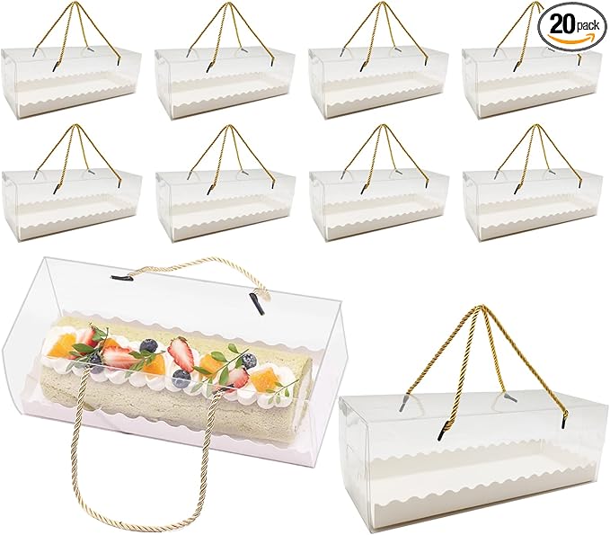 20 Pcs 10.8 Inch Clear Roll Cake Boxes with Gold Rope Handle & Cake Boards, Homemade & Bakery Transparent Plastic Gift Boxes，Easy Carrying, Storage Containers for Slice Cake, Christmas
