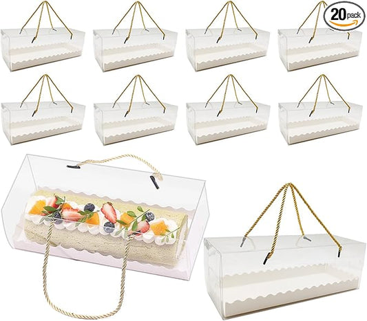 20 Pcs 10.8 Inch Clear Roll Cake Boxes with Gold Rope Handle & Cake Boards, Homemade & Bakery Transparent Plastic Gift Boxes，Easy Carrying, Storage Containers for Slice Cake, Christmas