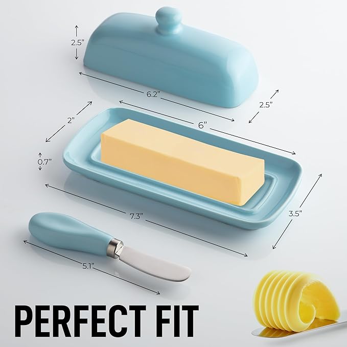 Zulay Butter Dish With Lid For Countertop - Porcelain White, Ceramic Butter Dish with Knob Handle Great for Cooking - Elegant Design Butter Holder - Durable & Sturdy Butter Keeper - Light Blue
