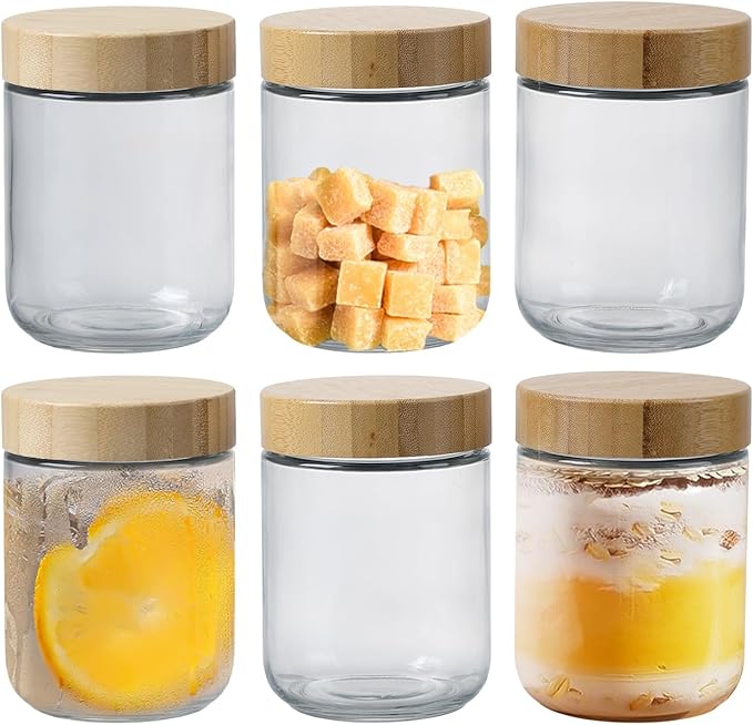 16 OZ Glass Mason Jars with Airtight Lids Wide Mouth Leakproof Pantry Organization Food-Grade Storage Containers for Honey,Salad,Yogurt and Snacks (Wooden Lid-6 Pack)