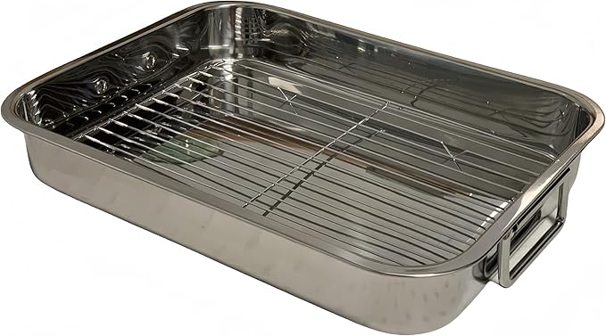 Roasting Pan Stainless steel Roasting pan Turkey Roasting pan with grill Rectangular grill suitable for Turkey, roast chicken and ham (15.4x11x2.4inch)