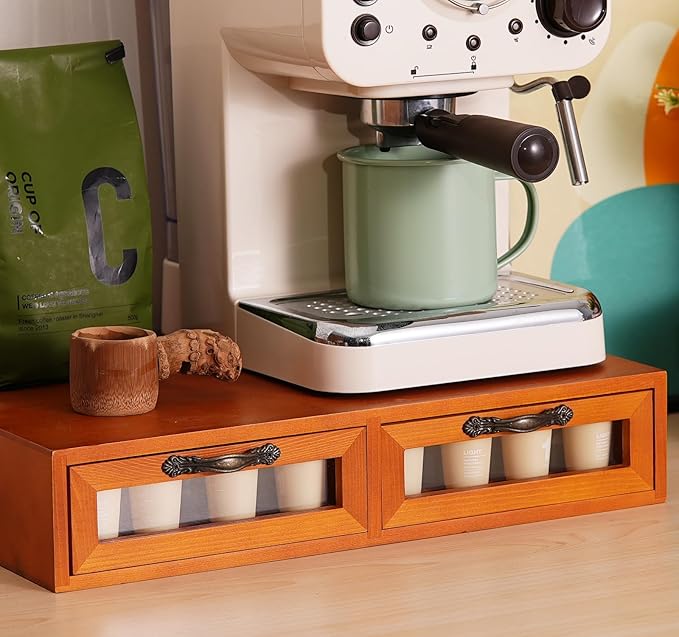 Wooden K-Cup Organizer - Coffee Pod Storage Box, 15.6 * 11.7 * 3.1 in, Compatible for Keuring Pod Holder, 30-50 Pod Capacity, No Assembly Required, Tea Bag Organizer Counter, Coffee Stand with Drawer