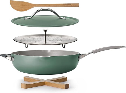 Tramontina All-in-One Plus Pan Set, 5-Quart Ceramic Non Stick Cooking Pan with Lid, Steamer Insert, Bamboo Utensil and Trivet, Green