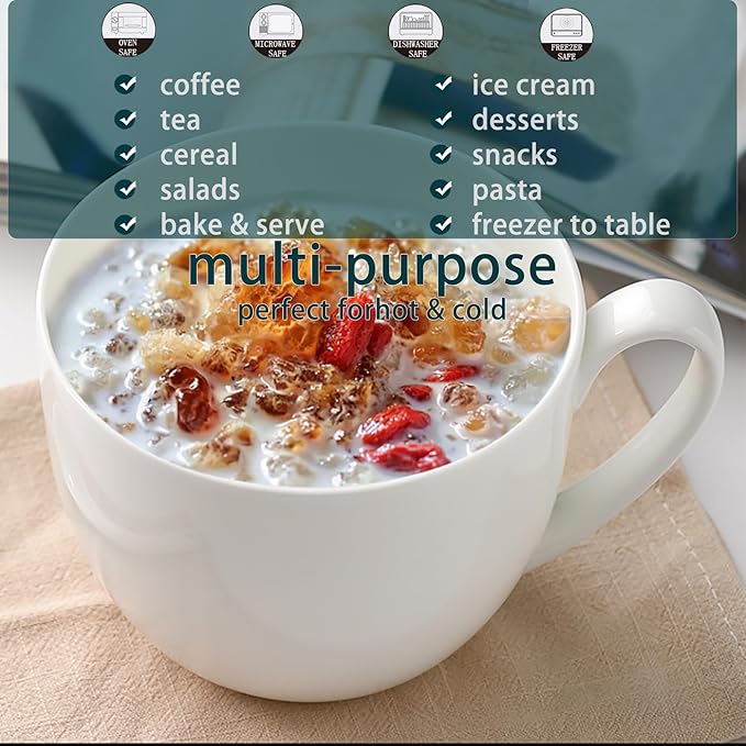 White Large Bone China Coffee Mugs Set of 6, 22 OZ Over 45% Bone China Content Oversized Porcelain Mugs for Cereal, Lightweight Soup Cups with Handles for Salad Tea, Hot Chocolate Cocoa Modern Design