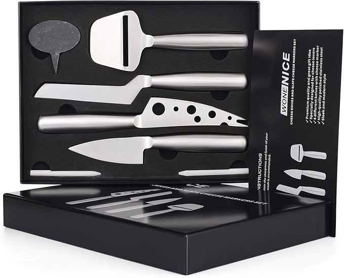 WoneNice Cheese Knife Set, 4-Piece Stainless Steel Knives with Cheese Markers For All Types of Cheese -Non-Stick & Dishwasher Safe - Gift Ready
