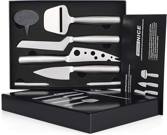 WoneNice Cheese Knife Set, 4-Piece Stainless Steel Knives with Cheese Markers For All Types of Cheese -Non-Stick & Dishwasher Safe - Gift Ready