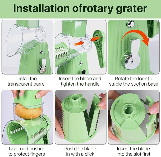 Rotary Cheese Grater with 5 Blades, Large Food Tube, Safety Food Pusher, Strong Suction Base, Mint Green