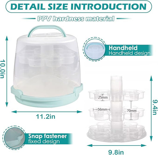 Cake Carrier Round Cake Stand Plus Height Cake Container with Cupcakes Pad, Handle, Lid Reusable Package Box for Transporting Desserts,Pie,Toast,Fruit (10" Blue)