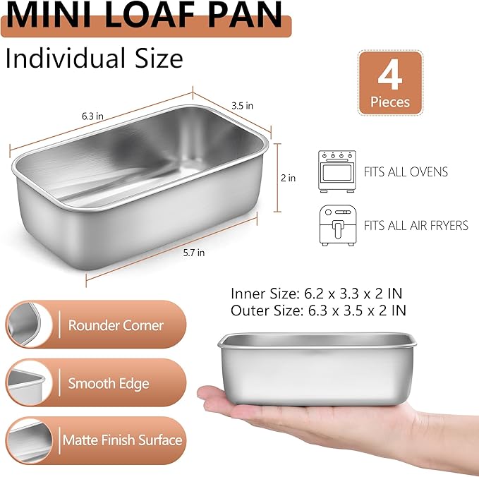 LIANYU 4 Pack Mini Loaf Pan for Baking Bread, 6.3 x 3.5 Inch Stainless Steel Small Bread Loaf Pan for Homemade Meatloaf, Tin Loaf Baking Pan Perfect for Banana Sourdough Sandwich, Dishwasher Safe