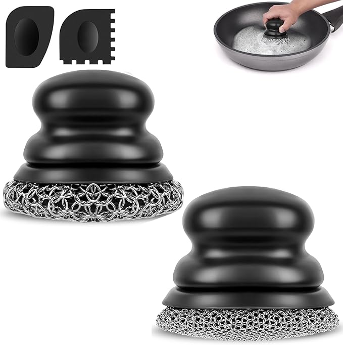 Onewly Cast Iron Scrubber (1Pack Black Coarse Mesh + 1Pack Black Fine Mesh) and and Scraper, Chain Mail Scrubber for Cleaning Stock Pots, Pans, Griddles, Grills, Cast Iron Skillets, Dish Scouring Pads