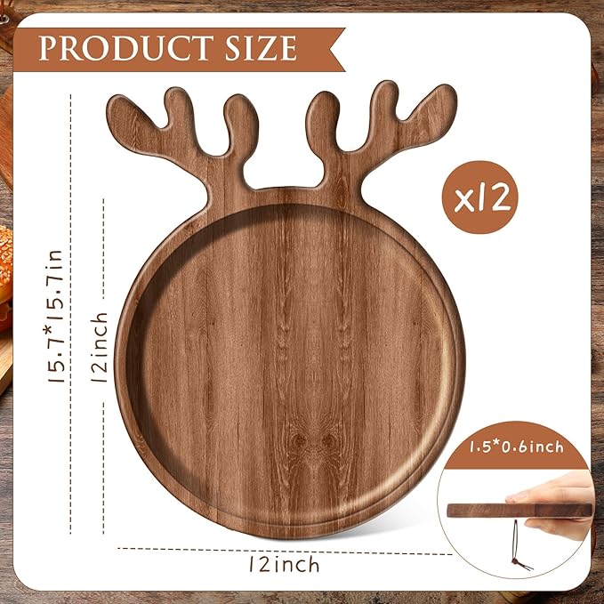 12 Pcs Christmas Appetizer Platter 12 Inch Cutting Board Acacia Serving Trays Wood Charcuterie Board Tray Snack Dessert Candy Dish Plate for Kitchen Gifts (Deer Antler)