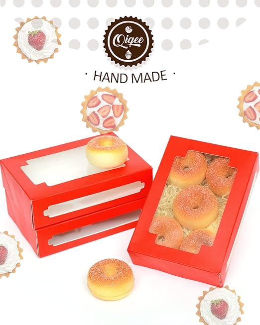 qiqee Red Cookie Boxes for Gift Giving 8x5.3x2 inch 24Packs Red Treat Box with Window Bakery Box for Donuts Candies and Biscuit