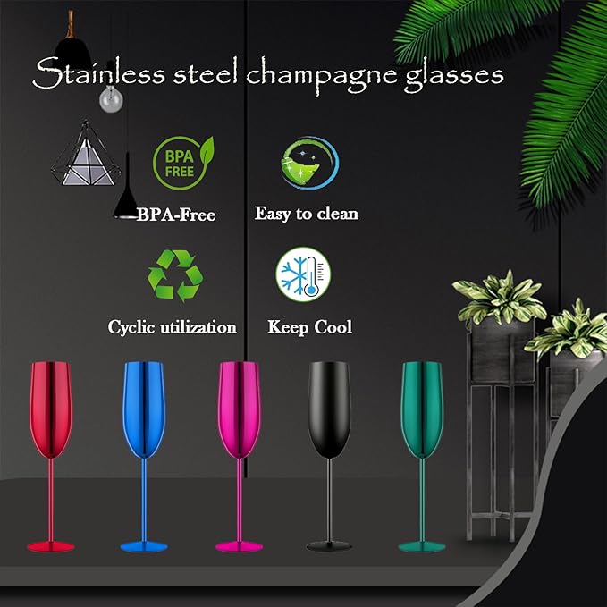 Champagne Glasses Set of 2 Stainless Steel Champagne Flutes Wedding Gifts for Bride 8.5 oz Unbreakable Champagne Glasses for Party Wedding Christmas Anniversary Brithday (Matte-Black)