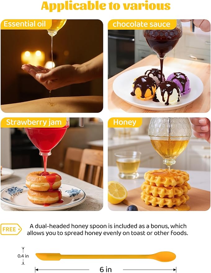 8-Ounce Drip Free Glass Honey Jar, Dispenser, Equipped With a Spoon, Stand,And Honeycomb Decoration Suitable for Maple Syrup, Honeycomb Syrup Server and Bee-themed Storage Tank