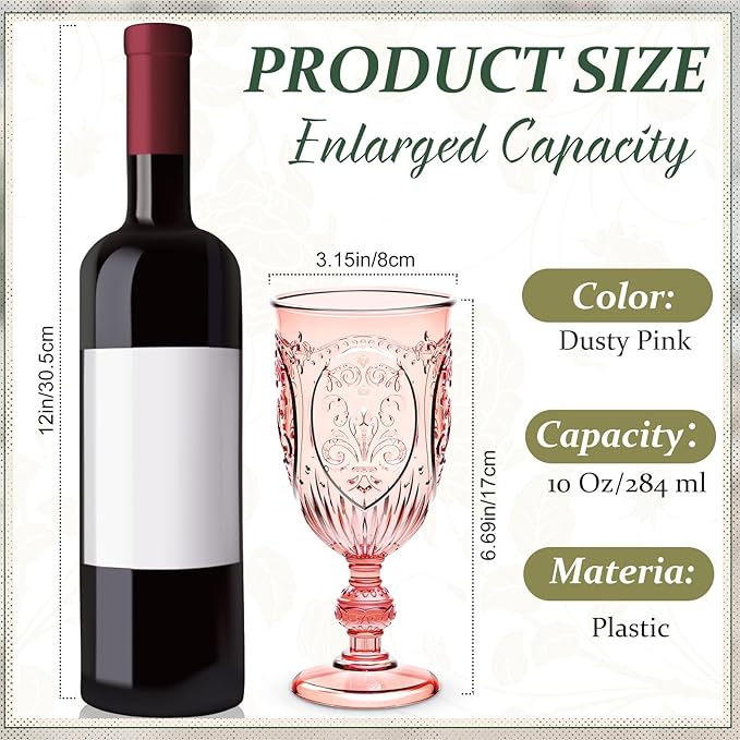 60 Pack Plastic Goblets 10oz Upgrade Vintage Water Goblet Plastic Wine Glasses Colored Retro Embossed Glassware for Party Wine Bar Juice Baby Shower Wedding Reception Grand (Pink)