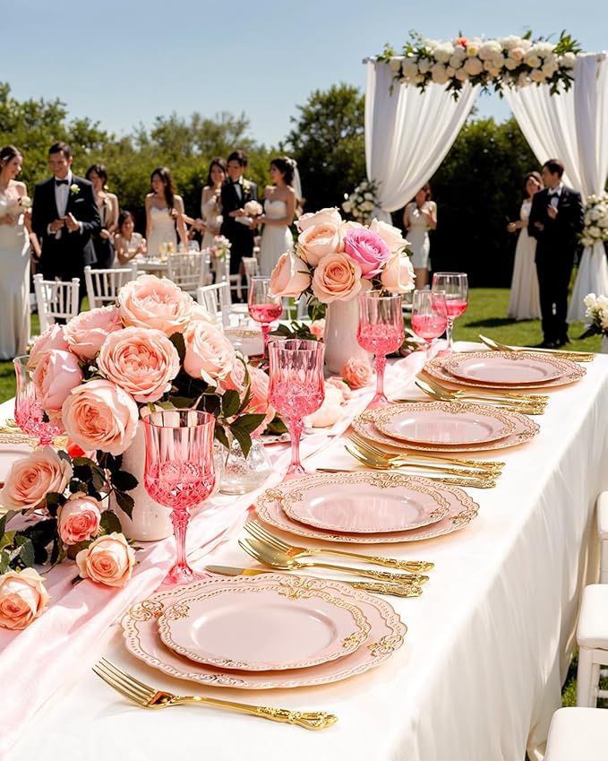 Ciaell 24PCS Pink Plastic Wine Glasses - 7 Oz Plastic Goblets for Party - Pink Vintage Drinking Glasses - Disposable Water Goblets Set for Wedding, Bar, Wine, Beer, Juice, Cocktail, Whiskey