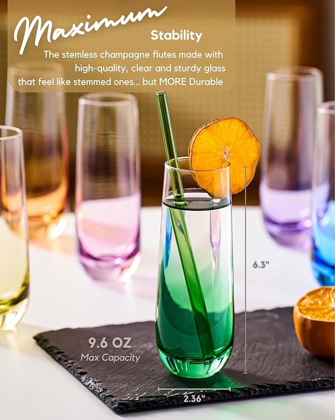 ColoVie Stemless Champagne Glasses Set of 6- Colored Champagne Flutes- Wedding Toasting Glass- Bridesmaid Gift- Mimosa Glass- Crystal Bar Glassware- Birthday Cocktail Party, 9.6oz