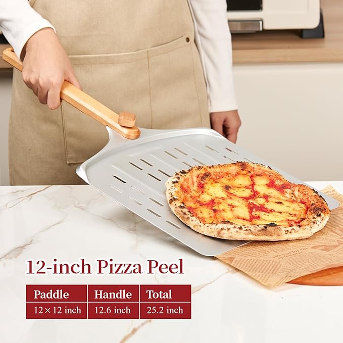 Perforated Pizza Peel, 12 inch Anodized Aluminum Pizza Spatula Paddle with Foldable Wood Handle, Lightweight Pizza Turning Peel for Baking Bread, Easy Storage Pizza Oven Accessories Tools