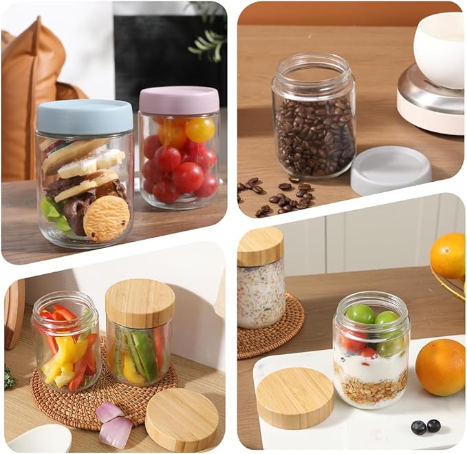 16 OZ Glass Mason Jars with Airtight Lids Wide Mouth Leakproof Pantry Organization Food-Grade Storage Containers for Honey,Salad,Yogurt and Snacks (Wooden Lid-12 Pack)