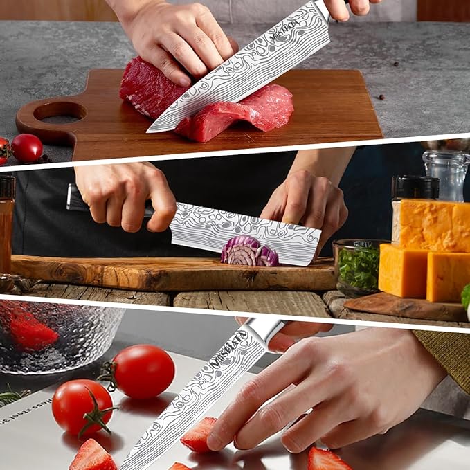 MOSFiATA Professional Chef Knife Set with German High Carbon Stainless Steel Kitchen Knife Set 3 PCSwith Finger Guard,Knife Sharpener,Knives Set for Kitchen with Gift Box