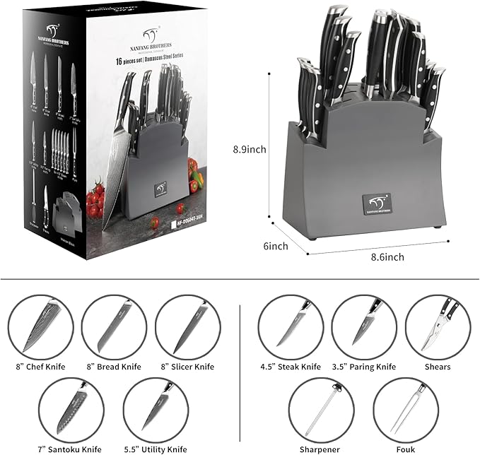 16-Piece Damascus Knife Set with Block - VG10 67-Layer Steel, Razor Sharp, Triple-Rivet Handles, 6 Steak Knives, Meat Fork, Sharpener & Scissors, Gray
