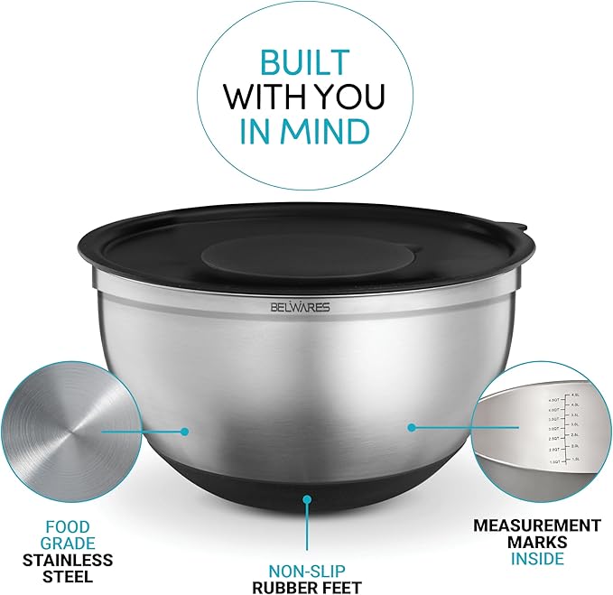 Belwares Mixing Bowls with Lids Set - Nesting Bowls with Graters, Handle, Pour Spout, Airtight Lids - Stainless Steel Non-Slip Mixing Bowl for Cooking, Baking, Prepping, Food Storage (Set of 3)