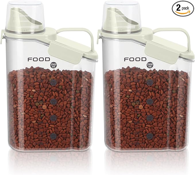 3-5 LBS Dog Food Storage Container Upgraded Large Nozzle BPA-free, Plastic Pet Food Storage Containers, With 4 Sealed Clasps, 1 Measuring Cup and Handle (2,Beige, 3L)