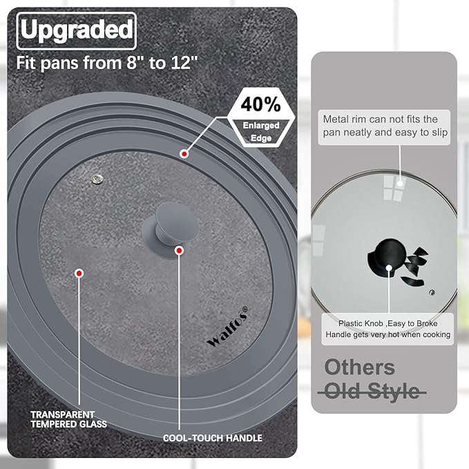 Universal Lid for Pots, Pans and Skillets - Walfos Tempered Glass Pan Lid with Heat Resistant Silicone Rim, BPA Free Large Pot Lids Fits 8" to 12" Diameter Cookware, Dishwasher-Safe, Grey