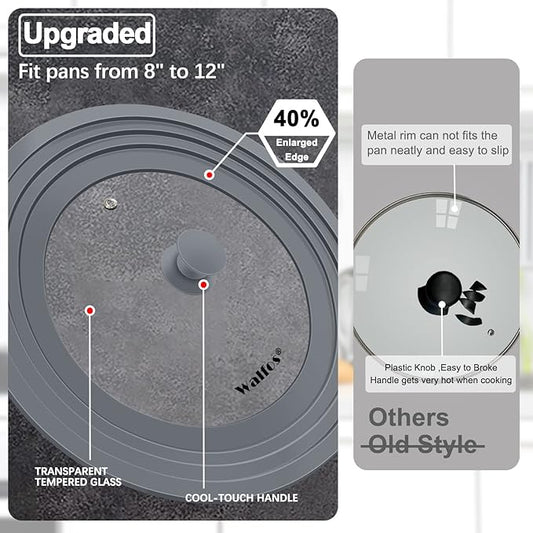 Universal Lid for Pots, Pans and Skillets - Walfos Tempered Glass Pan Lid with Heat Resistant Silicone Rim, BPA Free Large Pot Lids Fits 8" to 12" Diameter Cookware, Dishwasher-Safe, Grey