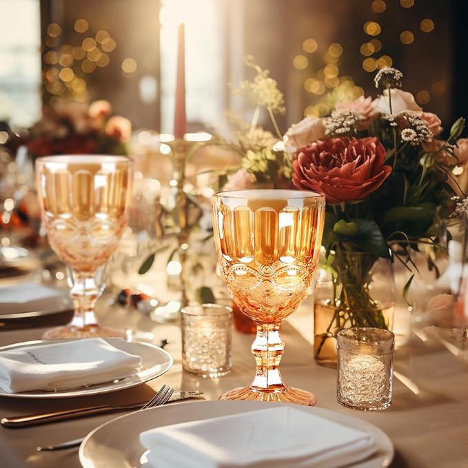 24 Pcs Vintage Wine Glasses, 10 Ounces Colored Glass Water Goblets, Unique Embossed Pattern High Clear Stemmed Glassware Wedding Party Bar Glass Drinking Cups, Floral Amber Glasses Set of 24