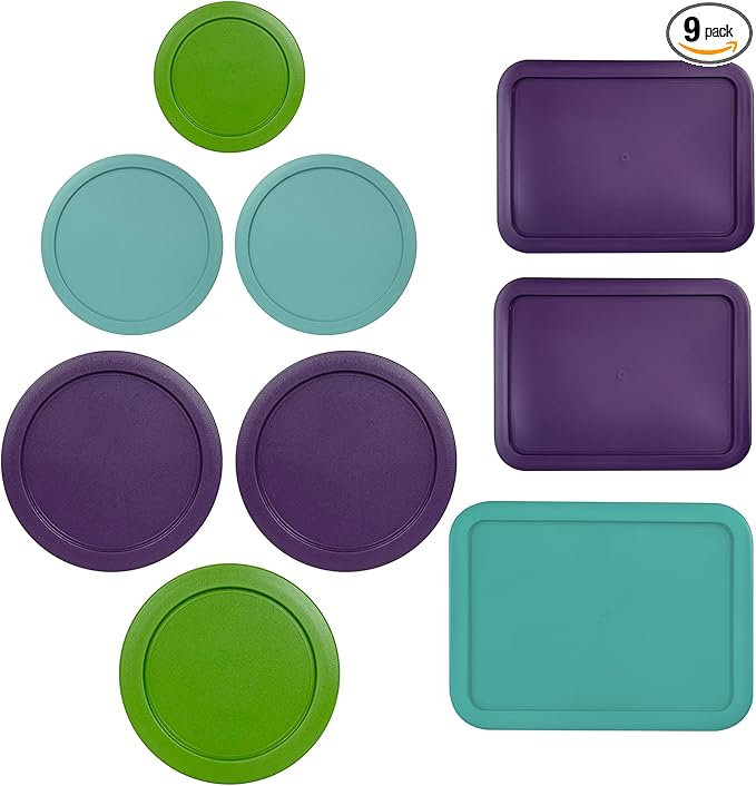 Replacement Lids for Pyrex Containers (1) 1-Cup Green (2) 2-Cup Turqoise (2) 4-Cup Purple (1) 7-Cup Green (2) 3-Cup Purple (1) 6-Cup Turqoise Round Rectangle