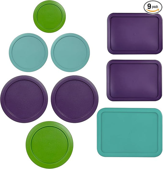 Replacement Lids for Pyrex Containers (1) 1-Cup Green (2) 2-Cup Turqoise (2) 4-Cup Purple (1) 7-Cup Green (2) 3-Cup Purple (1) 6-Cup Turqoise Round Rectangle