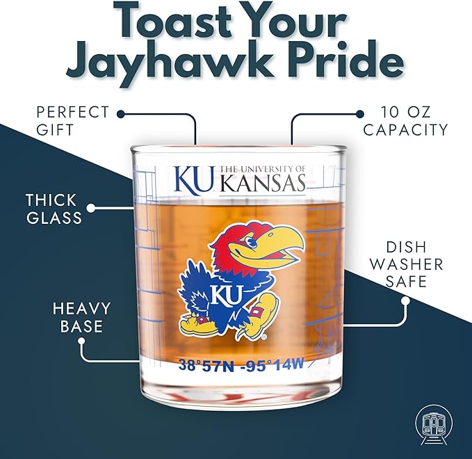 Greenline Goods – University of Kansas Jayhawks College Whiskey Glasses (Set of 2), 10 oz – Full-Color Logo + Campus Map