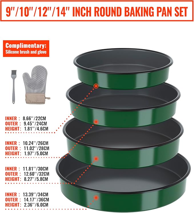 Enamel Round Baking Cake Pans Set Roasting Dish 4-Pack 9/10/12/14 Inch Non Stick Large Cookware for Cake Bread Pie Pizza Turkey Steak, Non-Toxic Carbon Steel Oven Dishwasher Safe Thanksgiving Bakeware